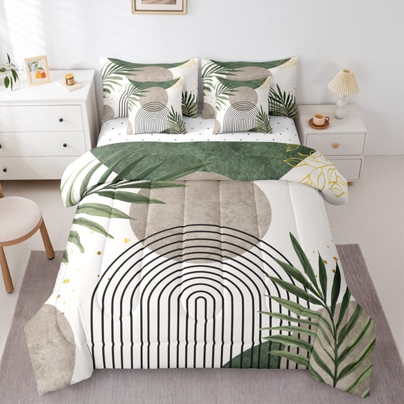 Manfei Vintage Moon Print Bedding Comforter Set 7-Piece, Leaf Plant Botanical King Bedding Sets, Retro Minimalism Reversible Bed Sheets, Lightweight Room Decor