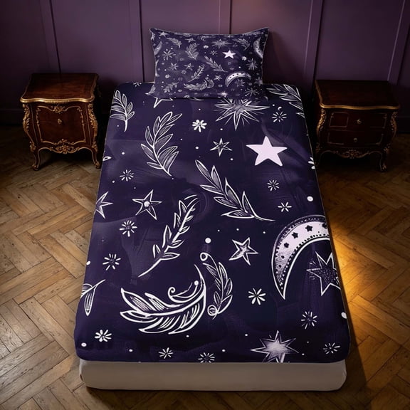 Manfei Vintage Moon Twin Fitted Sheet,Bohemian Stars Galaxy Bedding,Purple White,2 Pieces