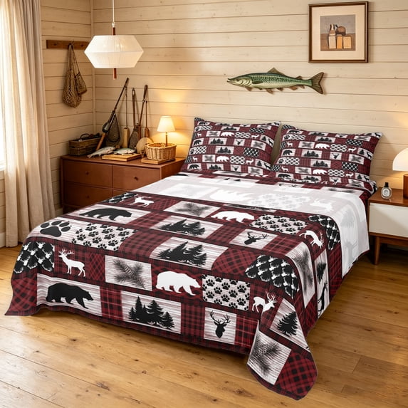 Manfei Vintage Moose Bear King Sheets, Woodland Buffalo Bedding, Dark Red, 4-Piece, 1 Flat Sheet, 1 Fitted Sheet and 2 Pillowcases