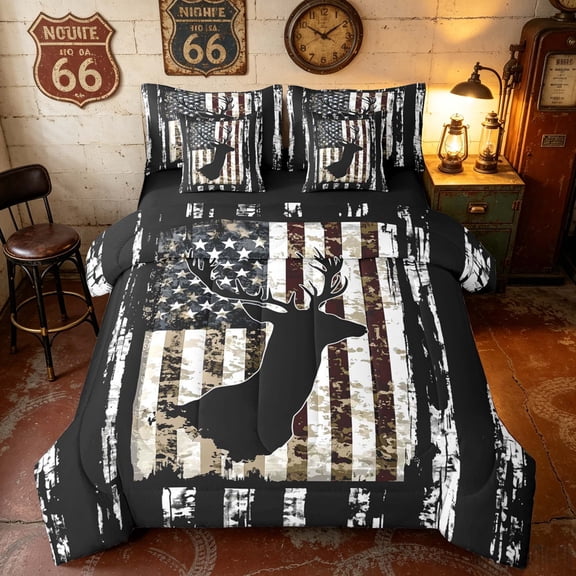Manfei Vintage Moose Silhouette, USA Flag Queen Bedding, Camo Hunting Buck Bedding Comforter Set Queen, Red White Black, Black Reversible 7pcs