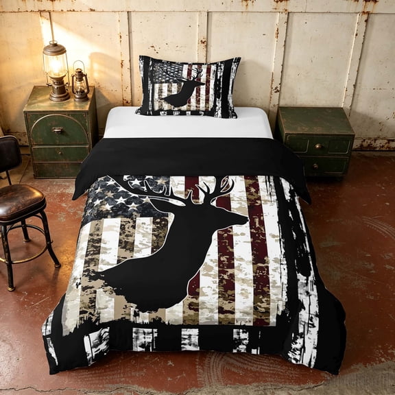 Manfei Vintage Moose Silhouette, USA Flag Twin Duvet Cover, Camo Hunting Buck Twin Bedding, Red White Black, Black Reversible 2 Pieces, 1 Duvet Cover and 1 Pillowcase