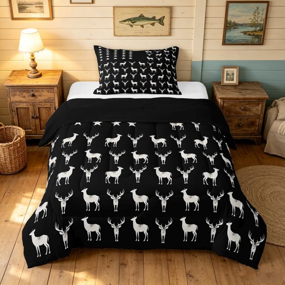 Manfei Vintage Moose Twin Comforter Sets, Simple US Flag Print Bedding Set, Black Gray, Black Reversible, 2pcs, 1 Comforter and 1 Pillowcase