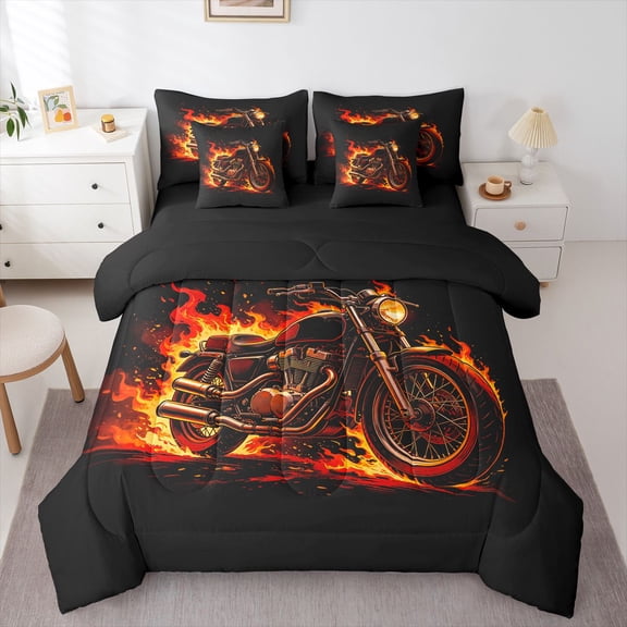 Manfei Vintage Motorcycle 7-Piece Twin Bedding,Fire Pattern Bedding Comforter Set,Black,Black Reversible
