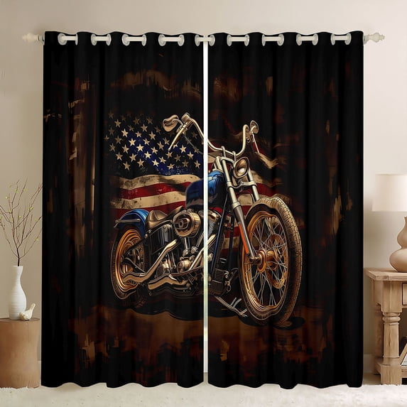 Manfei Vintage Motorcycle Kitchen Curtains, Grunge American Flag Black Out Curtains Pack of 2 (42x63 Each), Brown Blue Black