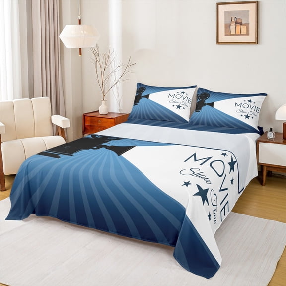 Manfei Vintage Movie Bed Sheets for Kid, Theater Film King Sheets, White Blue Stripes Sheet Set, Microfiber Bedroom Decor, 4 Pieces