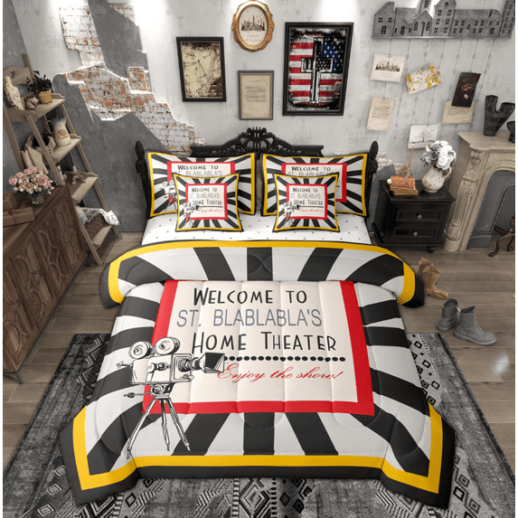 Manfei Vintage Movie Bedding Comforter Set 7pcs for Kid, Theater Film Queen Bedding Sets, Black Grey Stripes Reversible Queen Sheet Sets, Breathable Home Decor