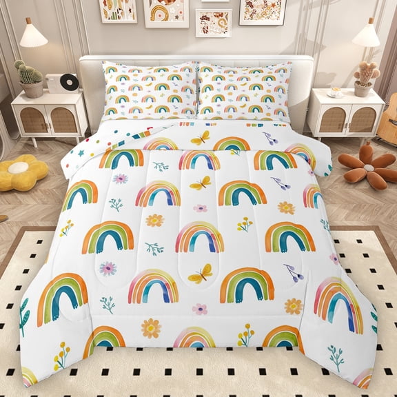 Manfei Vintage Multicolor Rainbow Queen Comforter Set,Kawaii Daisy Floral Bedding Sets,Colorful Flowers Bedding Comforter Set For Kids,Luxury Bedroom Decor Reversible,3pcs