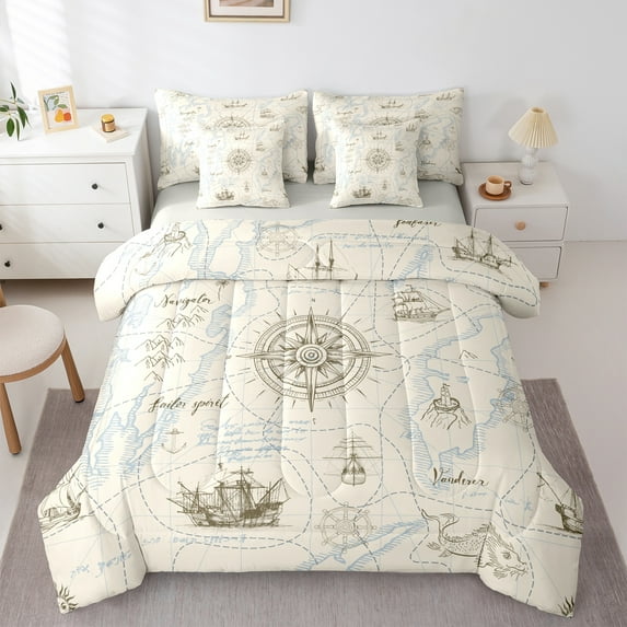 Manfei Vintage Nautical Bedding Comforter Set 7 Pieces for Kids, Cartoon Sailboat Compass Full Bedding Set, Sailing Lines Stripe Reversible Fitted Sheet Flat Sheet, Microfiber Bedroom Decor