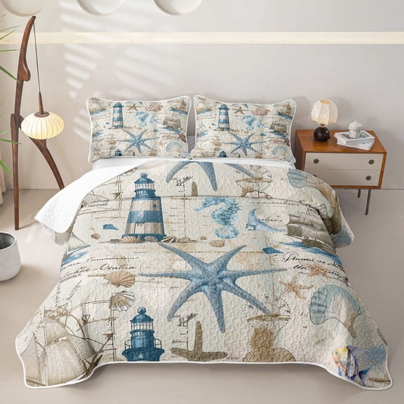Manfei Vintage Nautical Lighthouse Sailing Ship Quilt Full for Boys and Girls, Coastal Marine Print Full Bedspread Sets, 3-Piece