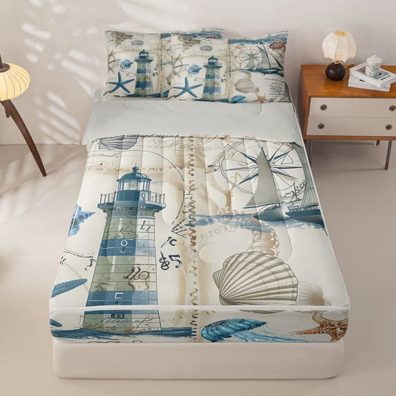 Manfei Vintage Nautical Lighthouse Zipper Twin Comforter Sets with Fitted Sheet and 2 Pillowcases for Kids Boys and Girls, Coastal Marine Print Zipper Bedding Set, Gray Reversible, 4 Pieces