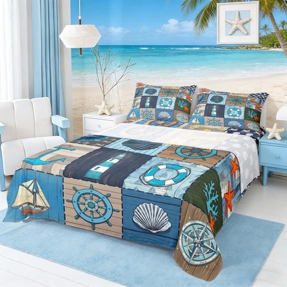 Manfei Vintage Nautical Patchwork Full Size Sheets for Kids Boys and Girls, Anchor Lighthouse Bed Sheets 4 Pieces, 1 Flat Sheet, 1 Fitted Sheet and 2 Pillowcases