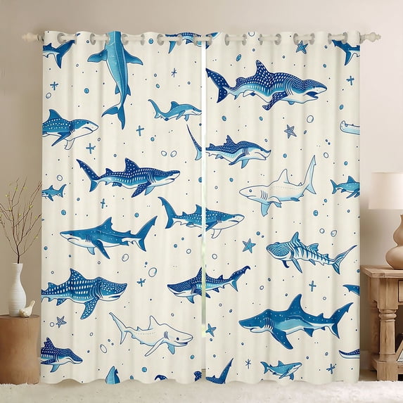 Manfei Vintage Ocean Shark Curtains and Drapes Pack of 2 (52x63 Each), Starfish Black Out Curtains, Cream Navy