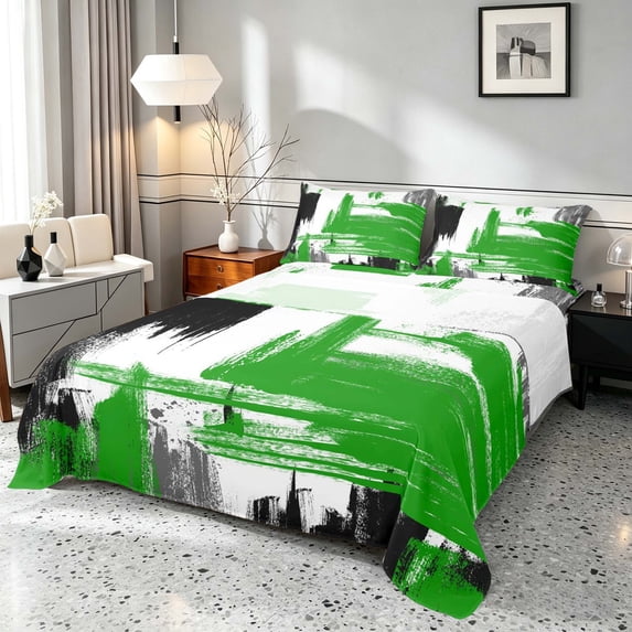 Manfei Vintage Oil Painting Bed Sheets, Watercolor Brushstroke Fuul Size Sheets, Green, Black and Gray, Black Reversible 4pcs1 Flat Sheet + 1 Fitted Sheet + 2 Pillowcases