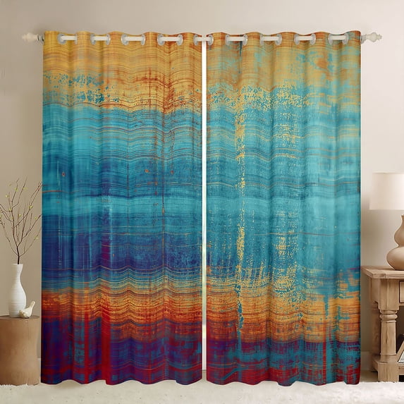 Manfei Vintage Oil Painting Blackout Curtains Set of 2 (52x84 Each), Retro Grunge Curtain, Turquoise and Gold