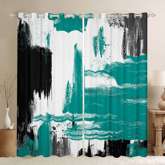 Manfei Vintage Oil Painting Blackout Curtains Set of 2 (52x84 Each), Watercolor Brushstroke Curtain, Teal, Black and Gray