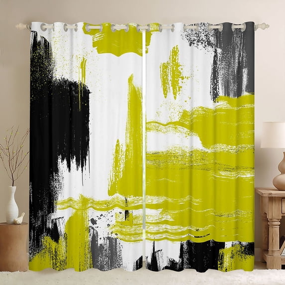 Manfei Vintage Oil Painting Blackout Curtains, Watercolor Brushstroke Curtains Pack of 2 (42x84 Each), Yellow, Black and Gray