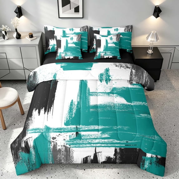 Manfei Vintage Oil Painting King Bedding, Watercolor Brushstroke King Bed in a Bag, Teal, Black and Gray, Black Reversible 7 Pieces
