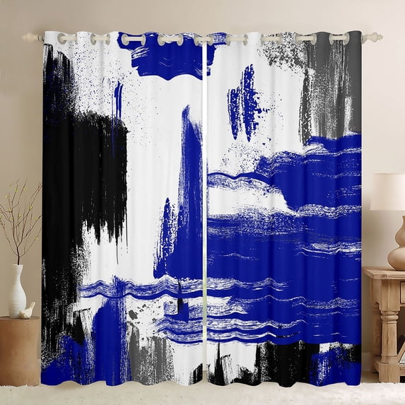 Manfei Vintage Oil Painting Kitchen Curtains, Watercolor Brushstroke Black Out Curtains Pack of 2 (42x63 Each), Blue, Black and Gray