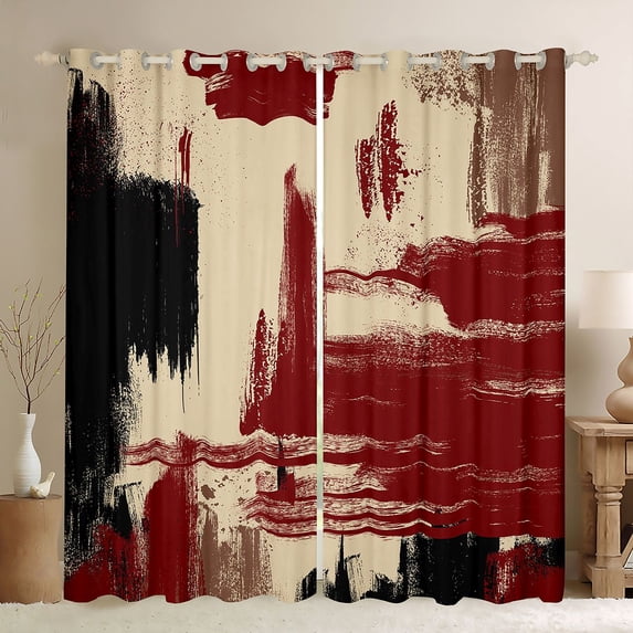 Manfei Vintage Oil Painting Kitchen Curtains, Watercolor Brushstroke Black Out Curtains Pack of 2 (42x63 Each), Red, Black and Beige