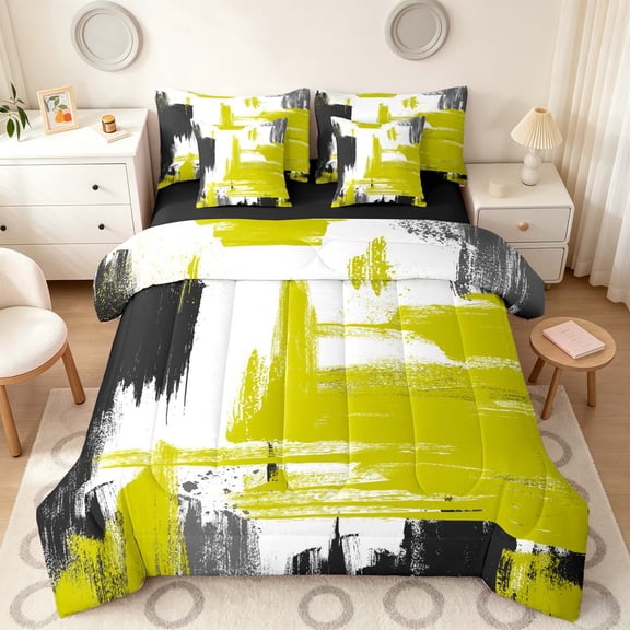 Manfei Vintage Oil Painting Twin Bedding, Watercolor Brushstroke Bedding Comforter Set, Yellow, Black and Gray, Black Reversible 7 Pieces