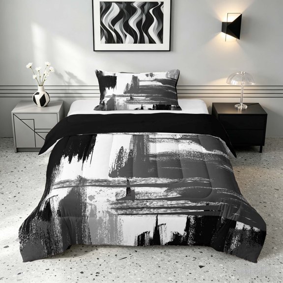 Manfei Vintage Oil Painting Twin Comforter Sets, Watercolor Brushstroke Bedding Set, Black, Gray and White, Black Reversible 2 Pieces, 1 Comforter and 1 Pillowcase