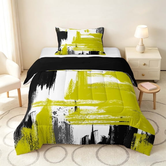 Manfei Vintage Oil Painting Twin Comforter Sets, Watercolor Brushstroke Bedding Set, Yellow, Black and Gray, Black Reversible 2pcs, 1 Comforter and 1 Pillowcase