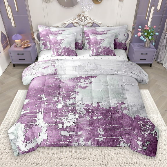 Manfei Vintage Oil Printing 7-Piece Bedding Comforter Set, Plum Abstract Ombre King Bedding Sets, Teens Kids Adult Men Women Reversible Bed Sheets, Microfiber Bedroom Decor