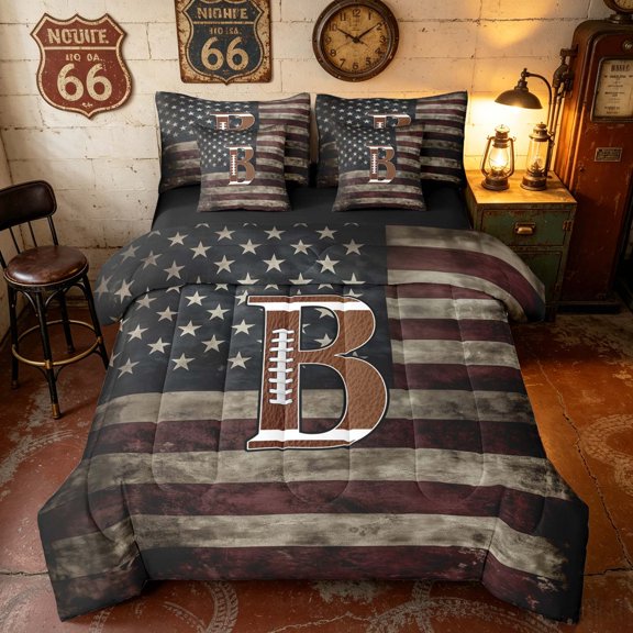 Manfei Vintage Patriotic USA Flag Twin Bedding, Rugby Monogrammed Initial B Bedding Comforter Set, Black Reversible 7 Pieces