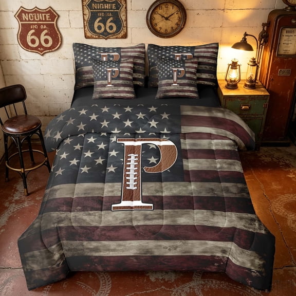 Manfei Vintage Patriotic USA Flag Twin Bedding, Rugby Monogrammed Initial P Bedding Comforter Set, Black Reversible 7 Pieces