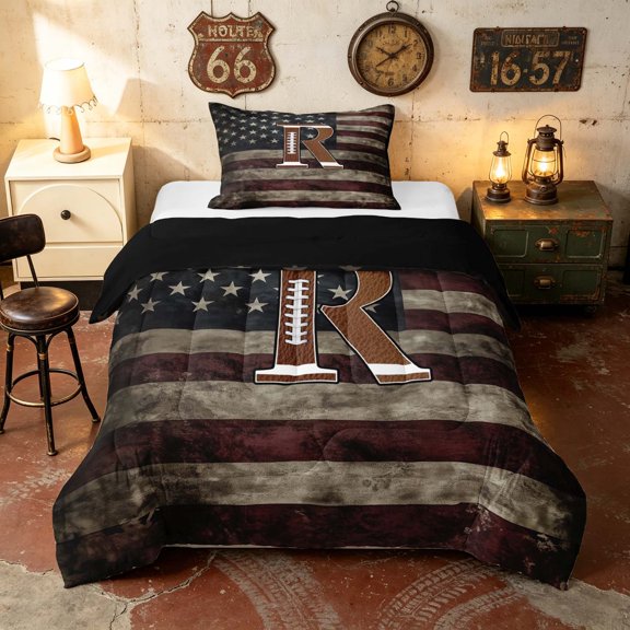 Manfei Vintage Patriotic USA Flag Twin Comforter Sets, Rugby Monogrammed Initial R Bedding Set, Black Reversible 2-Piece, 1 Comforter and 1 Pillowcase