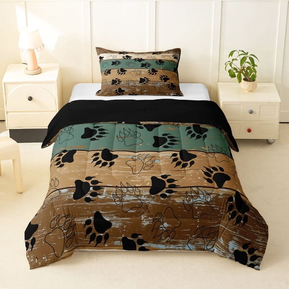 Manfei Vintage Paw Print Twin Comforter Sets,Brown Pine Wood Bedding Set,Black Reversible,2pcs,1 Comforter and 1 Pillowcase