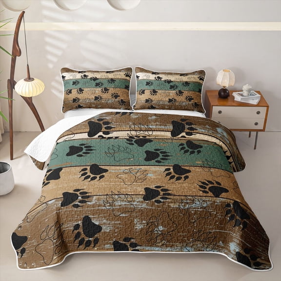 Manfei Vintage Paw Print Twin Quilt Set,Brown Pine Wood Twin Coverlet Set,2pcs