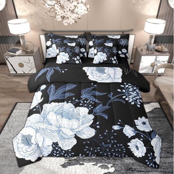 Manfei Vintage Peony Bedding Comforter Set 7-Piece, Black Blue Flower King Bedding Sets, Retro Blossoms Bed Sheets, Ultra Soft Room Decor