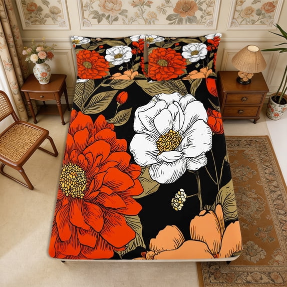 Manfei Vintage Peony Bloom Fitted Sheet Full 3 Pieces,Oriental Floral Bed Set,1 Fitted Sheet and 2 Pillowcases