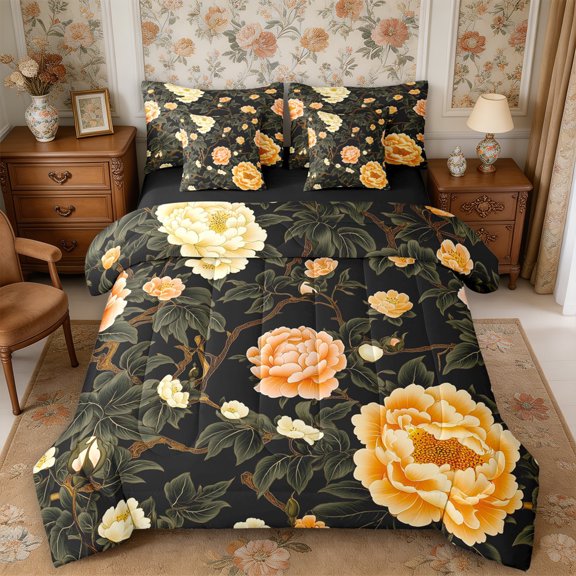 Manfei Vintage Peony Bloom Queen Bedding 7pcs,Oriental Floral Bedding Comforter Set Queen,Reversible