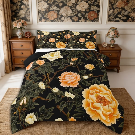 Manfei Vintage Peony Bloom Queen Comforter Set 3 Pieces,Oriental Floral Comforter Sets Queen,1 Comforter and 2 Pillowcases,Reversible