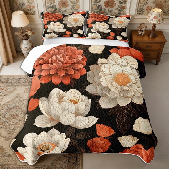 Manfei Vintage Peony Bloom Quilt Full 3-Piece,Oriental Floral Full Bedspread Sets,1 Coverlet and 2 Pillowcases