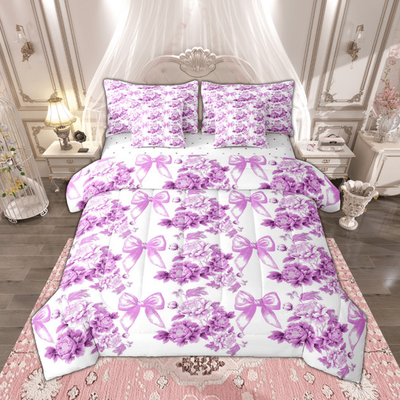Manfei Vintage Peony Flower Bedding Comforter Set 7 Pieces for Girls, Purple Bow Knot Queen Bedding Sets, Botanical Plant Floral Queen Sheet Sets, Ultra Soft Home Decor
