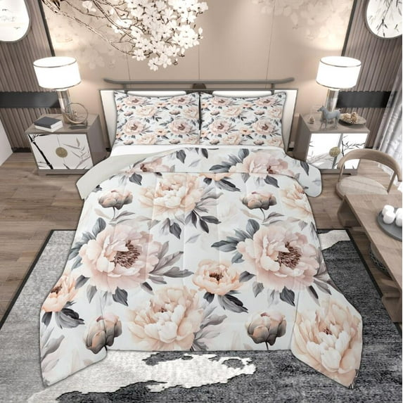 Manfei Vintage Peony Queen Comforter Set, Tropical Floral Flower Bedding Sets, Garden Blossoms Bedding Comforter Set, Pink Orange White, Reversible 3pcs