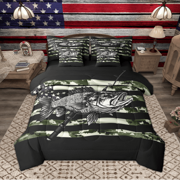 Manfei Vintage Pike Fish Twin Bedding Sets 7 Pieces, Black Green US Flag Bedding Comforter Set, River House Fishing Sheet Sets, Microfiber Bedroom Decor