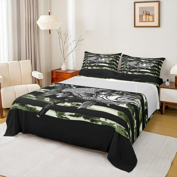 Manfei Vintage Pike Fish Twin Sheet Sets 3 Pieces, Black Green US Flag Twin Fitted Sheet, River House Fishing Flat Sheet, Microfiber Bedroom Decor