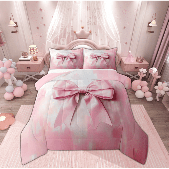 Manfei Vintage Pink Bowknot Bedding Comforter Set, Oil Printing Artwork Twin Comforter Sets, Teens Girls Kids Reversible Bedding Set, Breathable Home Decor, 2pcs