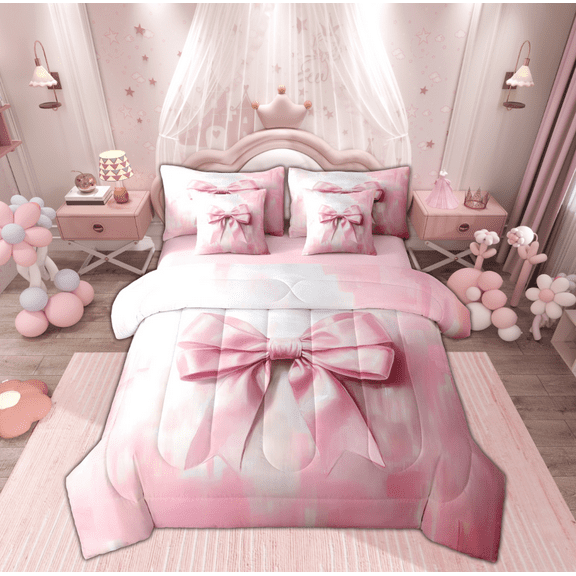 Manfei Vintage Pink Bowknot Twin Bedding Sets 7-Piece, Oil Printing Artwork Bedding Comforter Set, Teens Girls Kids Reversible Sheet Sets, Breathable Home Decor