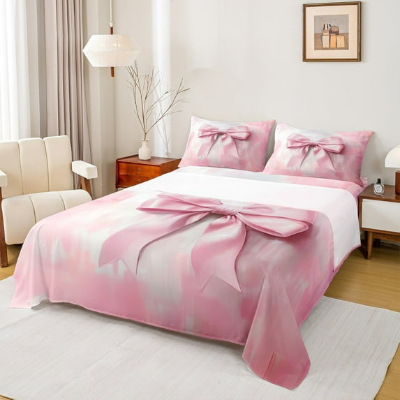 Manfei Vintage Pink Bowknot Twin Sheet Sets, Oil Printing Artwork Twin Fitted Sheet, Teens Girls Kids Flat Sheet, Breathable Home Decor, 3pcs