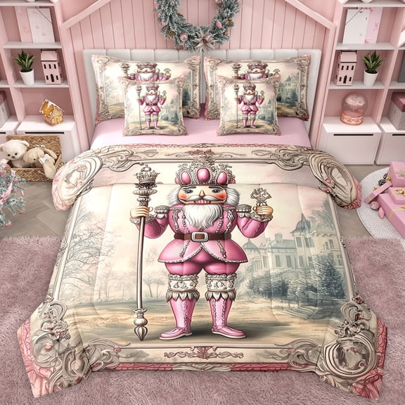 Manfei Vintage Pink Nutcracker Twin Bedding Sets 7-Piece, Western Fairt Tale Bedding Comforter Set, Mid Century Fashion Reversible Sheet Sets, Luxury Bedroom Decor