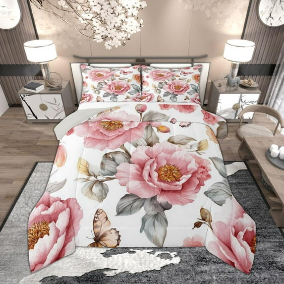 Manfei Vintage Pink Peony King Size Comforter Sets, Tropical Floral Flower Bedding Comforter Set, Garden Blossoms Butterflies Bedding Set, Reversible 3 Pieces