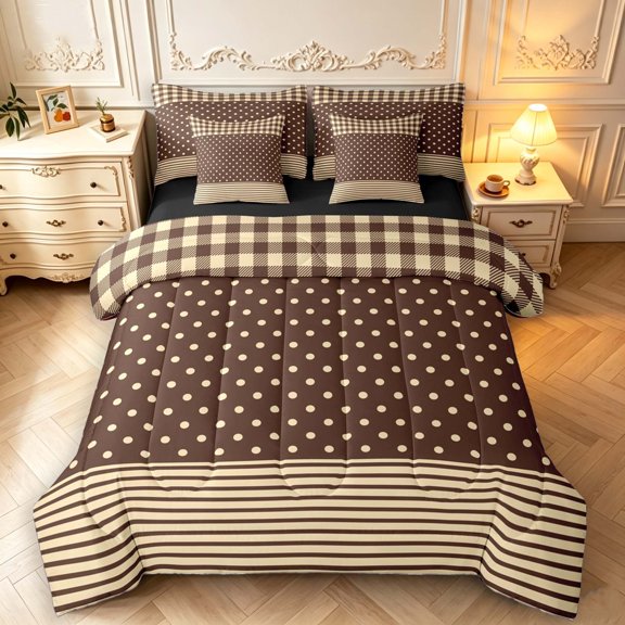 Manfei Vintage Plaid 7pcs Queen Bedding,Cute Polka Dot Bedding Comforter Set Queen,Brown Yellow,Black Reversible