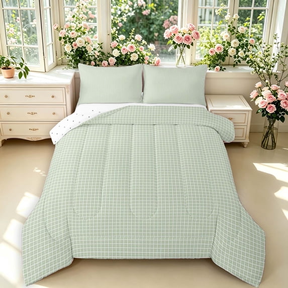 Manfei Vintage Plaid Full Size Comforter Sets,Retro Grid Bedding Comforter Set,Light Green,Reversible,3-Piece,1 Comforter and 2 Pillowcases,3-Piece,1 Comforter and 2 Pillowcases