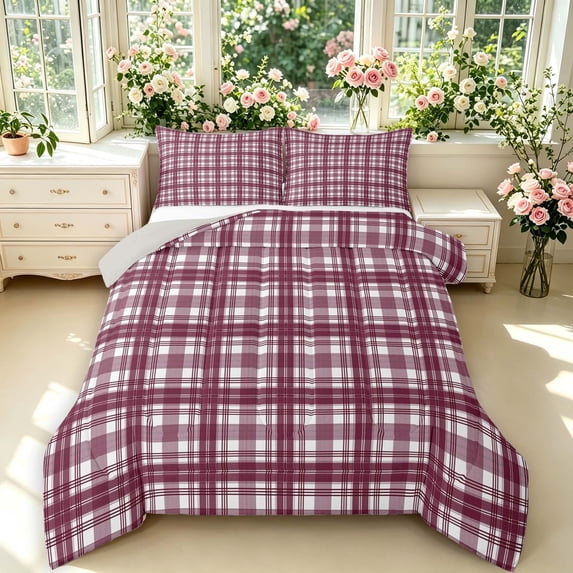 Manfei Vintage Plaid Full Size Comforter Sets,Retro Grid Bedding Comforter Set,Red,Light Gray Reversible,3 Pieces,1 Comforter and 2 Pillowcases,3 Pieces,1 Comforter and 2 Pillowcases