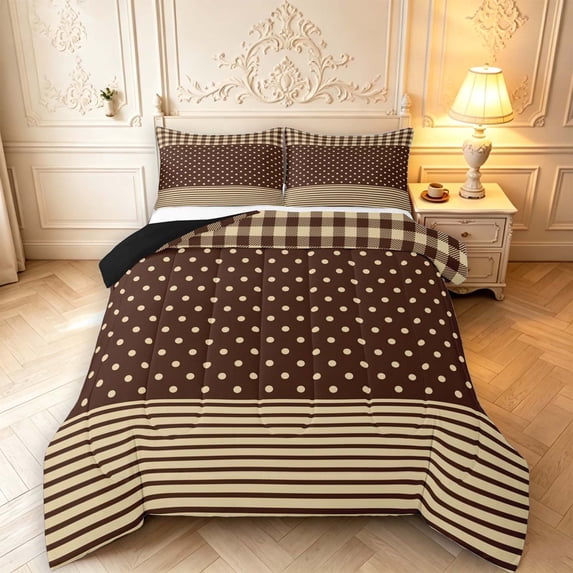 Manfei Vintage Plaid Queen Comforter Set,Cute Polka Dot Comforter Sets Queen,Brown Yellow,Black Reversible,3pcs,1 Comforter and 2 Pillowcases,3pcs,1 Comforter and 2 Pillowcases
